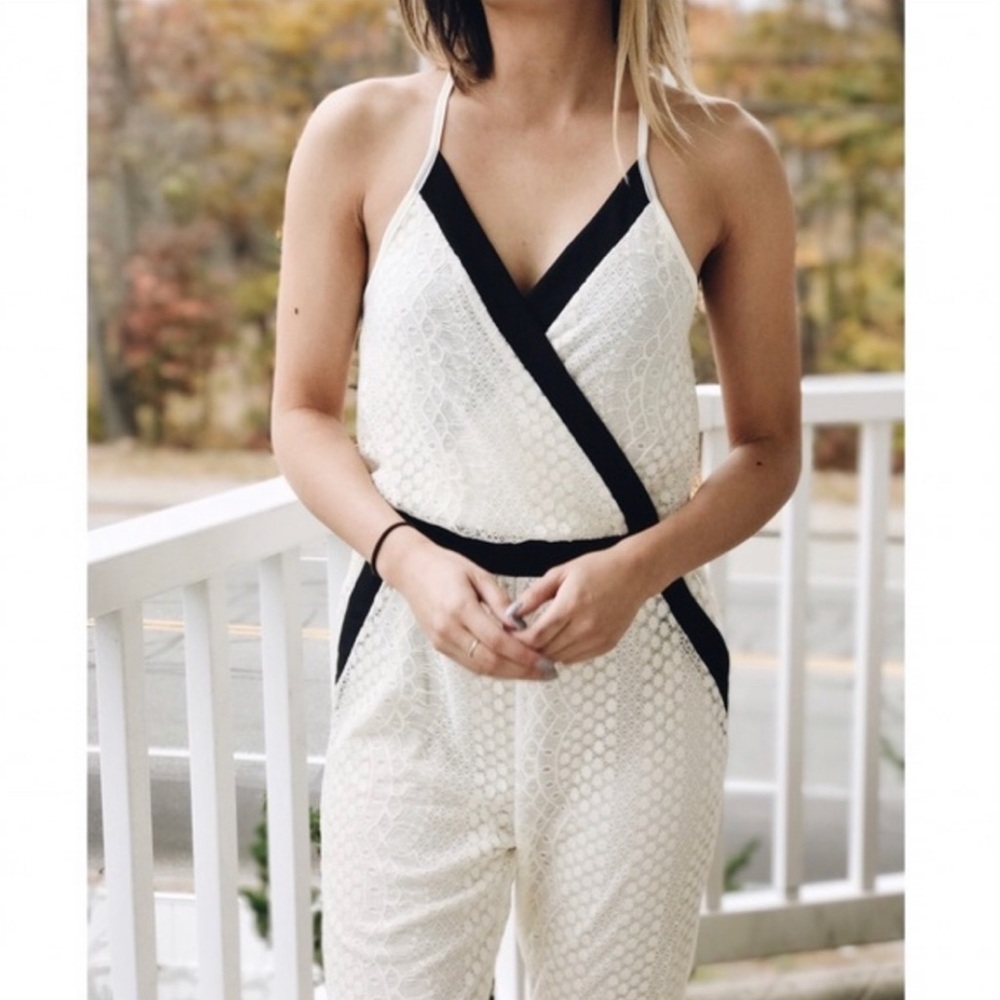 Ivory Cream Lace Black Bandage Trim Surplice High Waist Spaghetti Strap Jumpsuit
